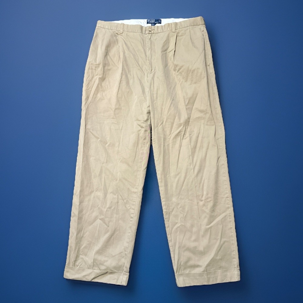 Polo Ralph Lauren Hammond Pants Mens 38x29 Khaki Pleated Chino Cotton Cuffed